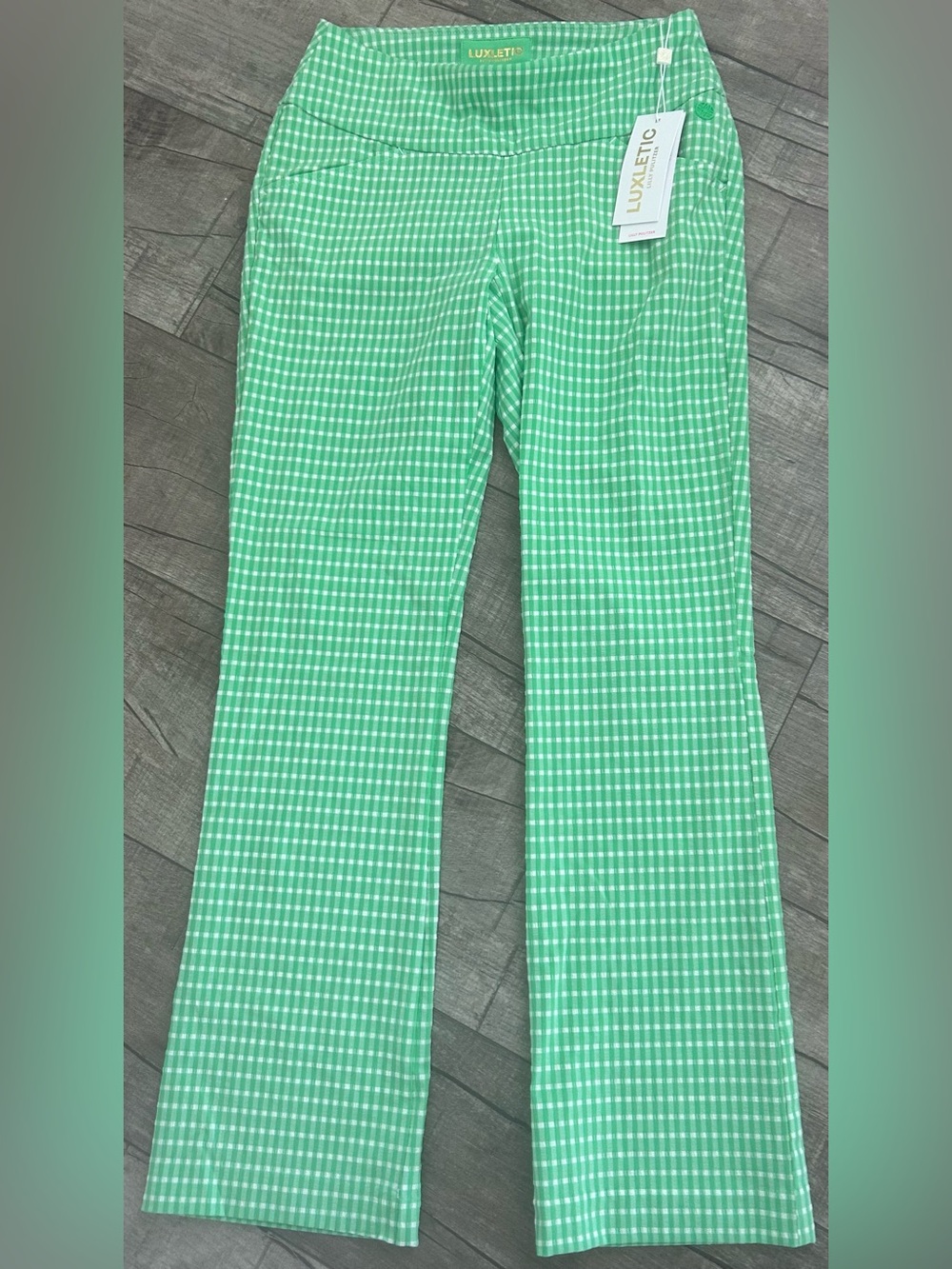 NWT Lily Pulitzer Luxletic 0 Women’s Green Gingham Stretch Flare Pants Pockets